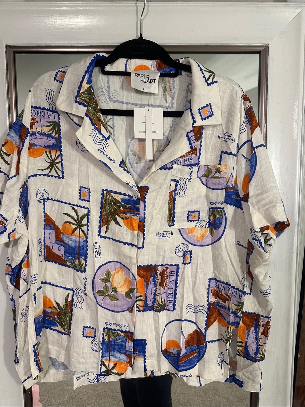 Paper Heart White Button-Down Shirt with Blue & Orange Stamp Print